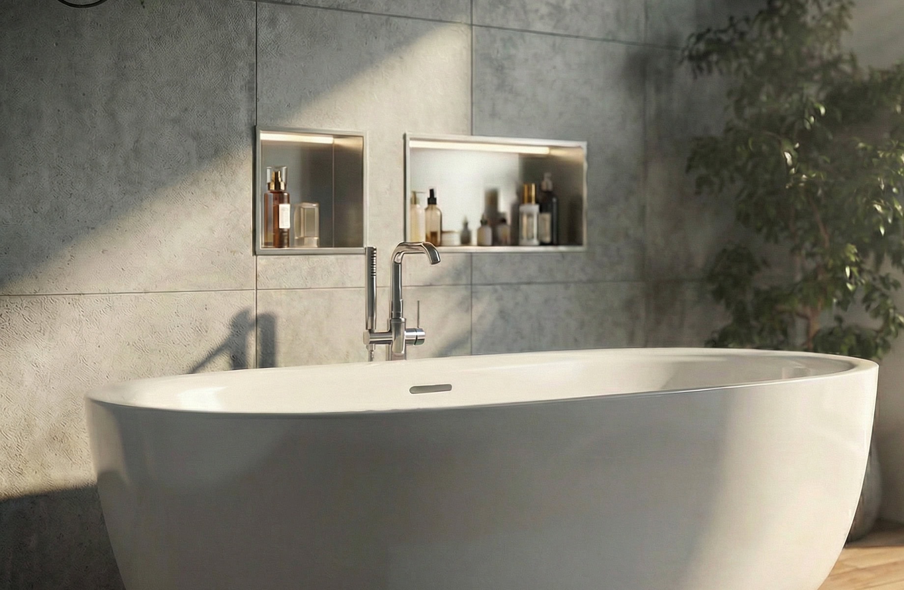 Modernes Badezimmer mit freistehender Badewanne und beleuchteten Einbaunischen