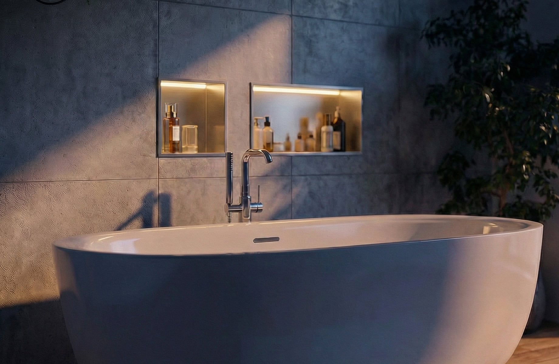 Modernes Badezimmer mit freistehender Badewanne und beleuchteten Einbaunischen