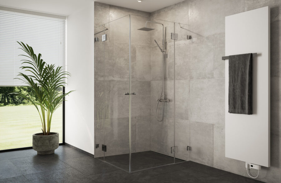 Moderne Eck-Duschkabine aus Glas mit bodengleicher Dusche, Regendusche und großformatigen grauen Fliesen.