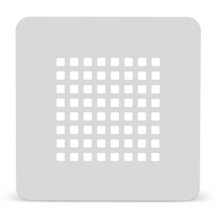 Quadratischer Duschablaufrost aus Edelstahl in der Farbe Bianco mit abgerundeten Ecken und modernem Lochdesign aus quadratischen Öffnungen.