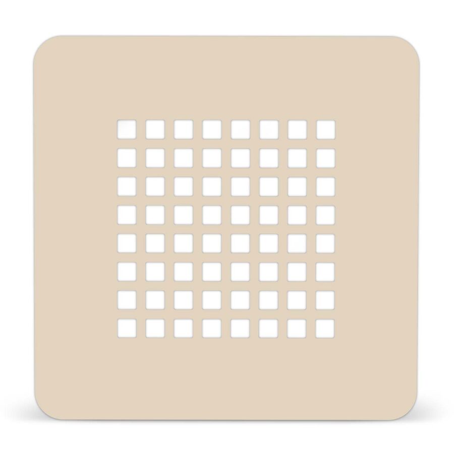 Quadratischer Duschablaufrost aus Edelstahl in der Farbe Beige mit abgerundeten Ecken und modernem Lochdesign aus quadratischen Öffnungen.