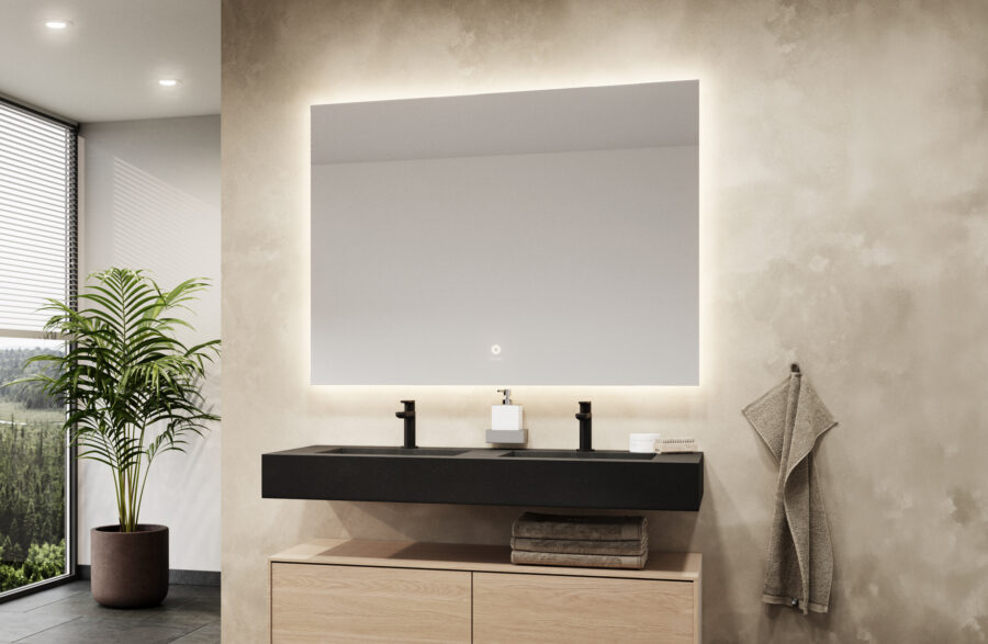 WELLNEA LED-Wandspiegel mit indirektem Lichtrahmen über einem Doppelwaschtisch in einem modernen Badezimmer